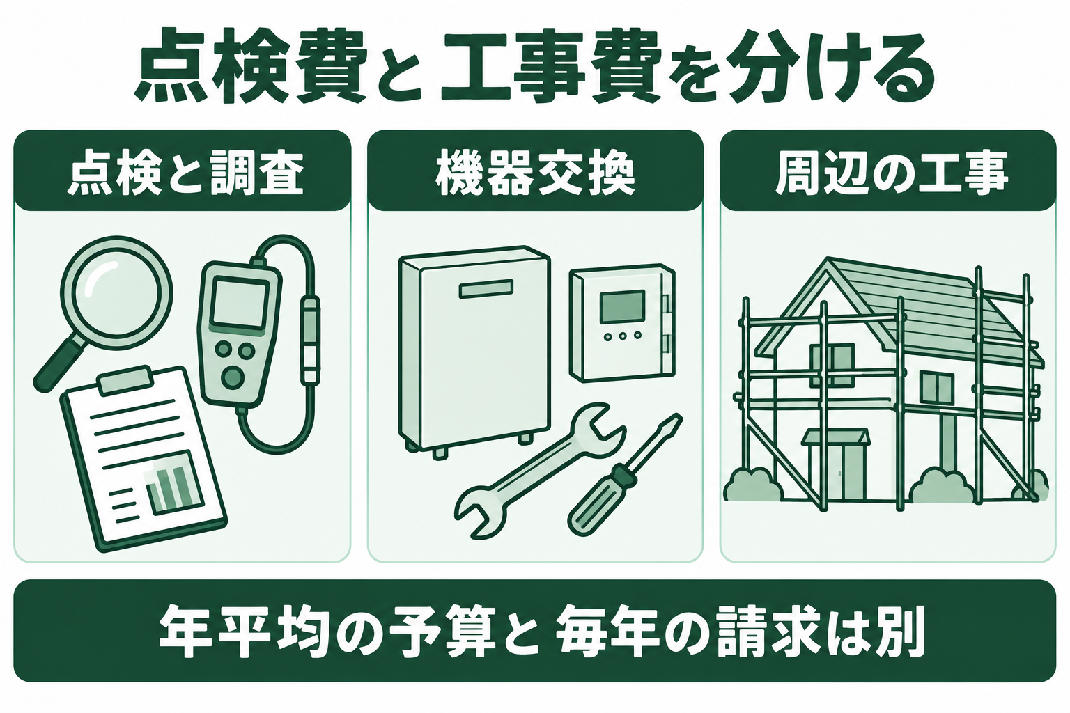 太陽光の点検調査費、交換に伴う撤去設定費、足場や屋根補修費を分けて見積もる図