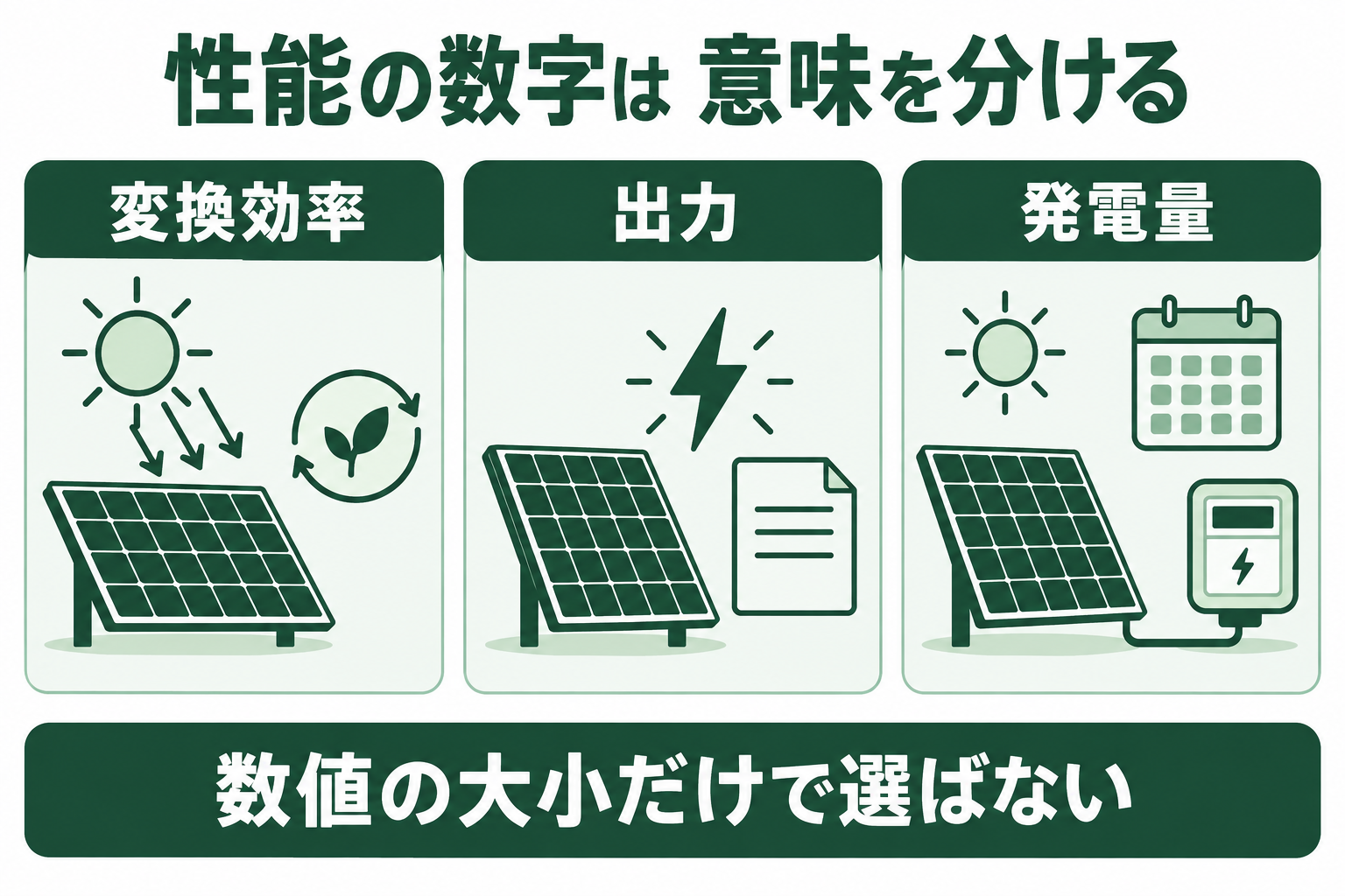 太陽光の変換効率、出力、期間内の発電量を別の指標として読み、数値の大小だけで選ばないことを示す概念図