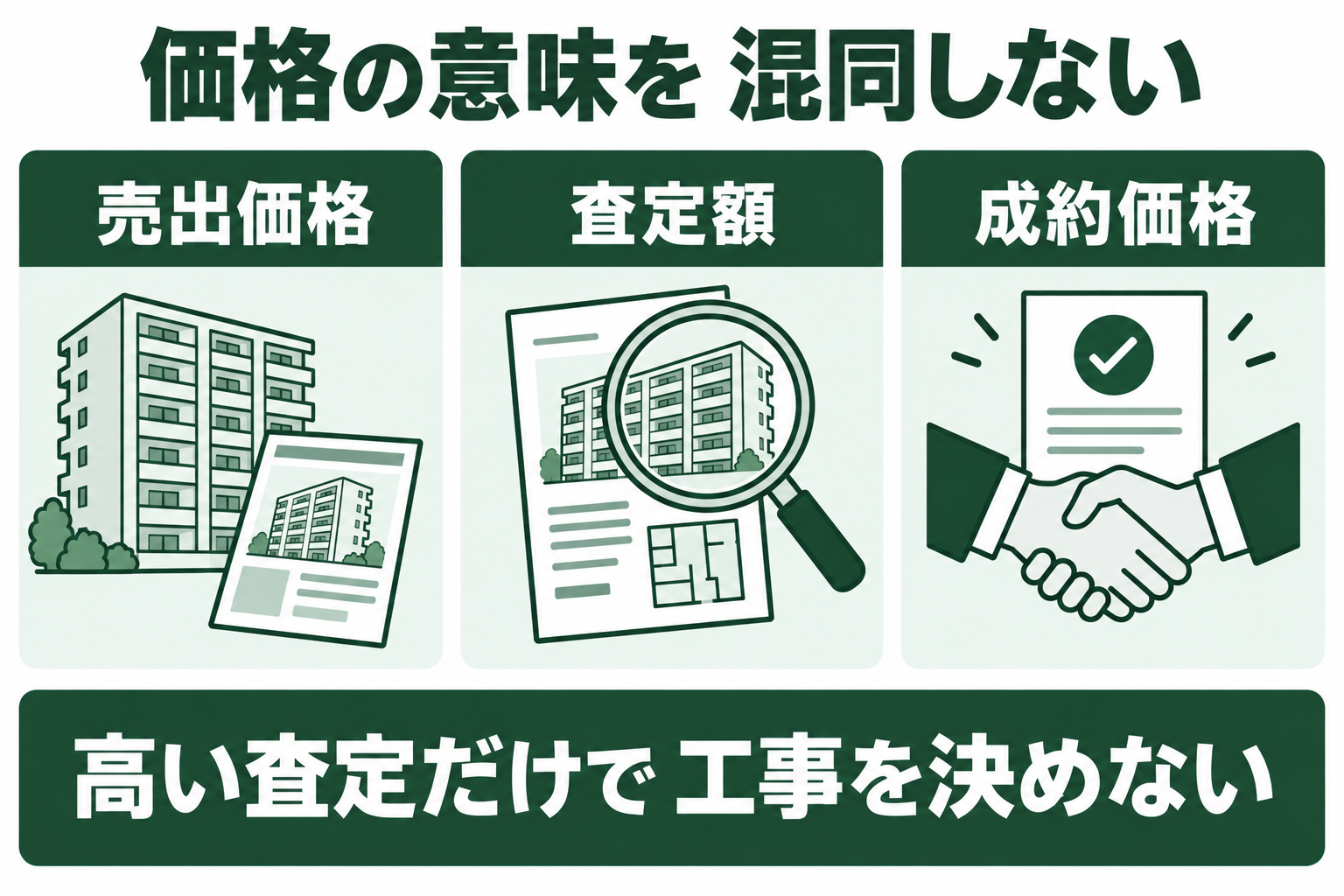 売出価格、査定額、成約価格の意味を比較し、掲載額や査定額を実際に売れた価格と混同しないよう示す図。