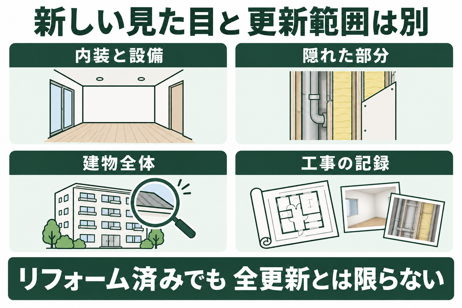 改修済み中古住宅で、見える内装、隠れた配管や断熱、建物全体、工事資料を分けて確認し、全交換と早合点しないための図。