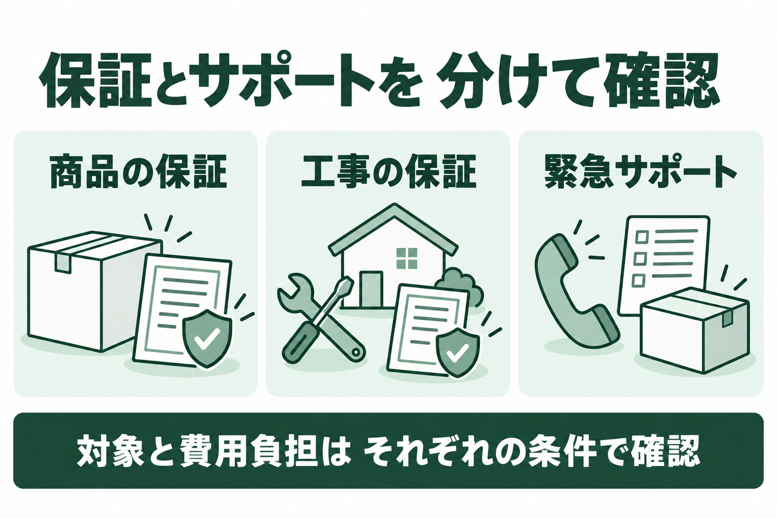 保証とサポートを 分けて確認。商品の保証。工事の保証。緊急サポートを分けて確認する概念図。対象と費用負担は それぞれの条件で確認。