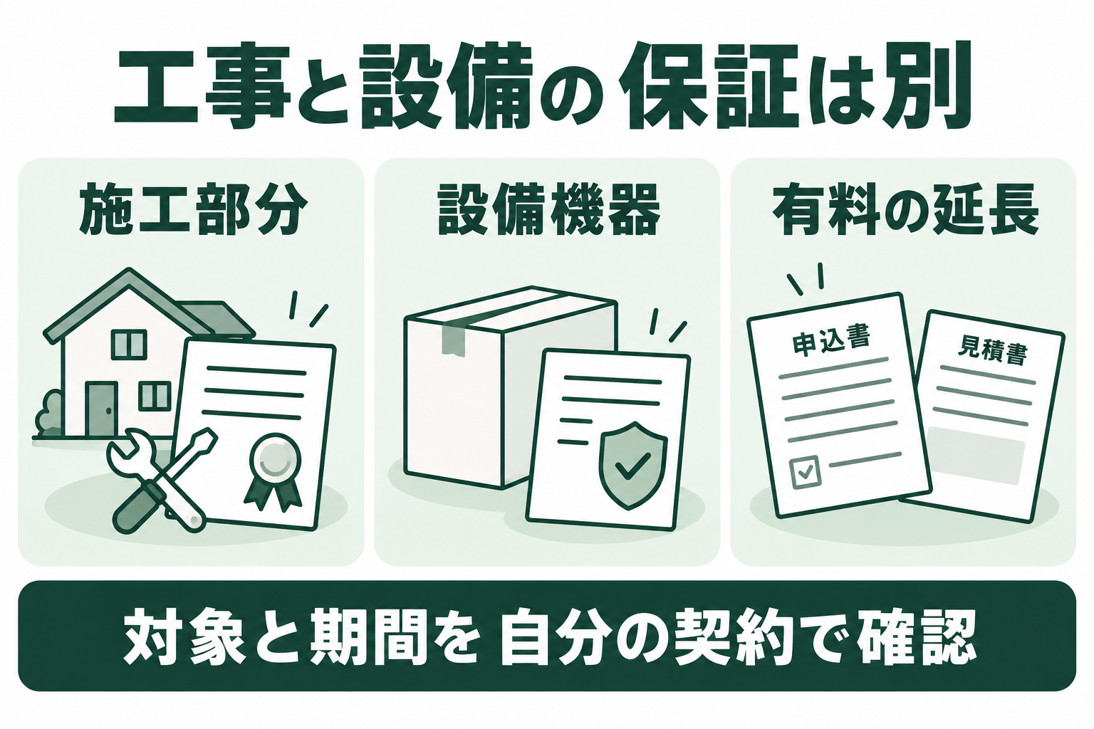 工事と設備の 保証は別。施工部分。設備機器。有料の延長を分けて確認する概念図。対象と期間を 自分の契約で確認。