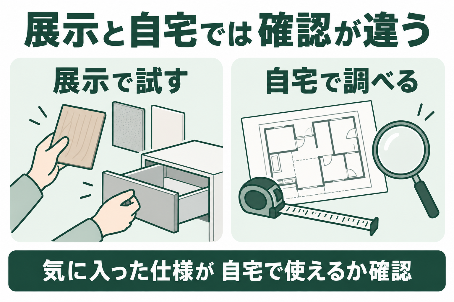 展示と自宅では 確認が違う。展示で試す。自宅で調べるを分けて確認する概念図。気に入った仕様が 自宅で使えるか確認。