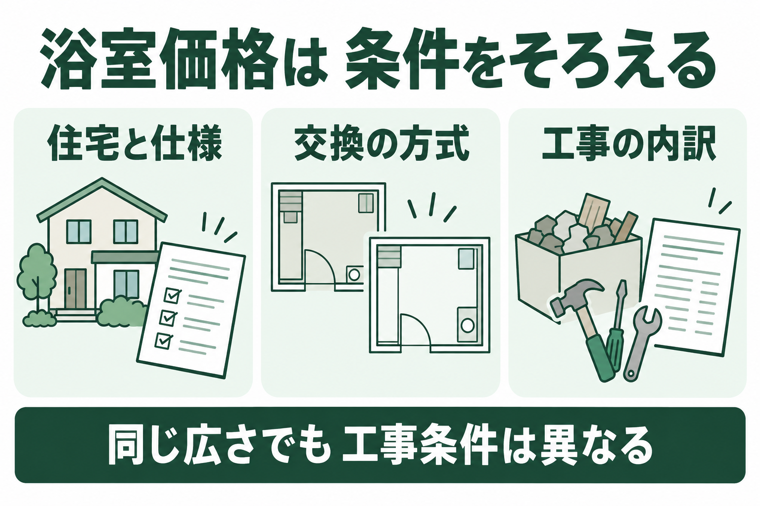 浴室価格は 条件をそろえる。住宅と仕様。交換の方式。工事の内訳を分けて確認する概念図。同じ広さでも 工事条件は異なる。