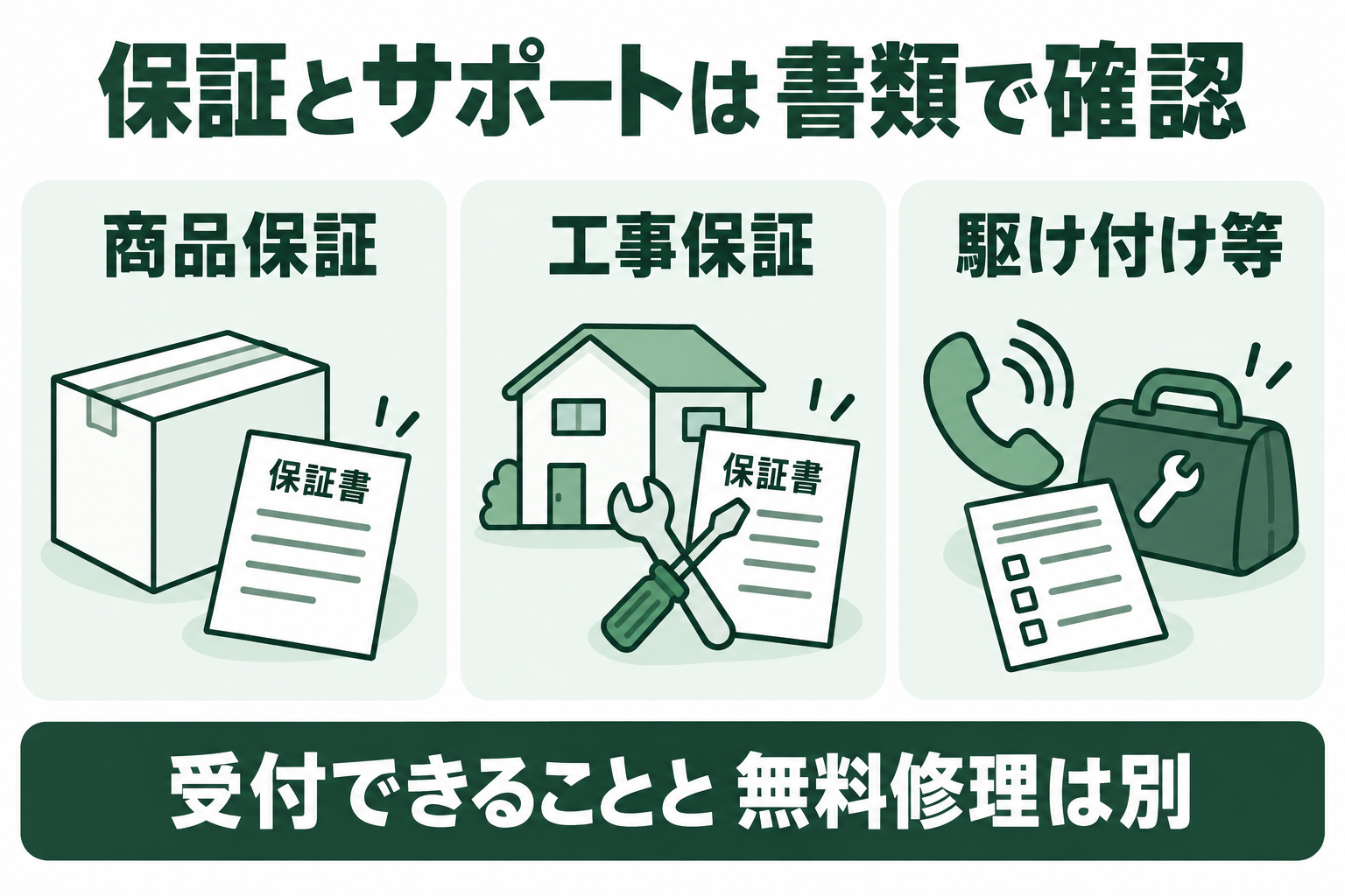 保証とサポートは 書類で確認。商品保証。工事保証。駆け付け等を分けて確認する概念図。受付できることと 無料修理は別。