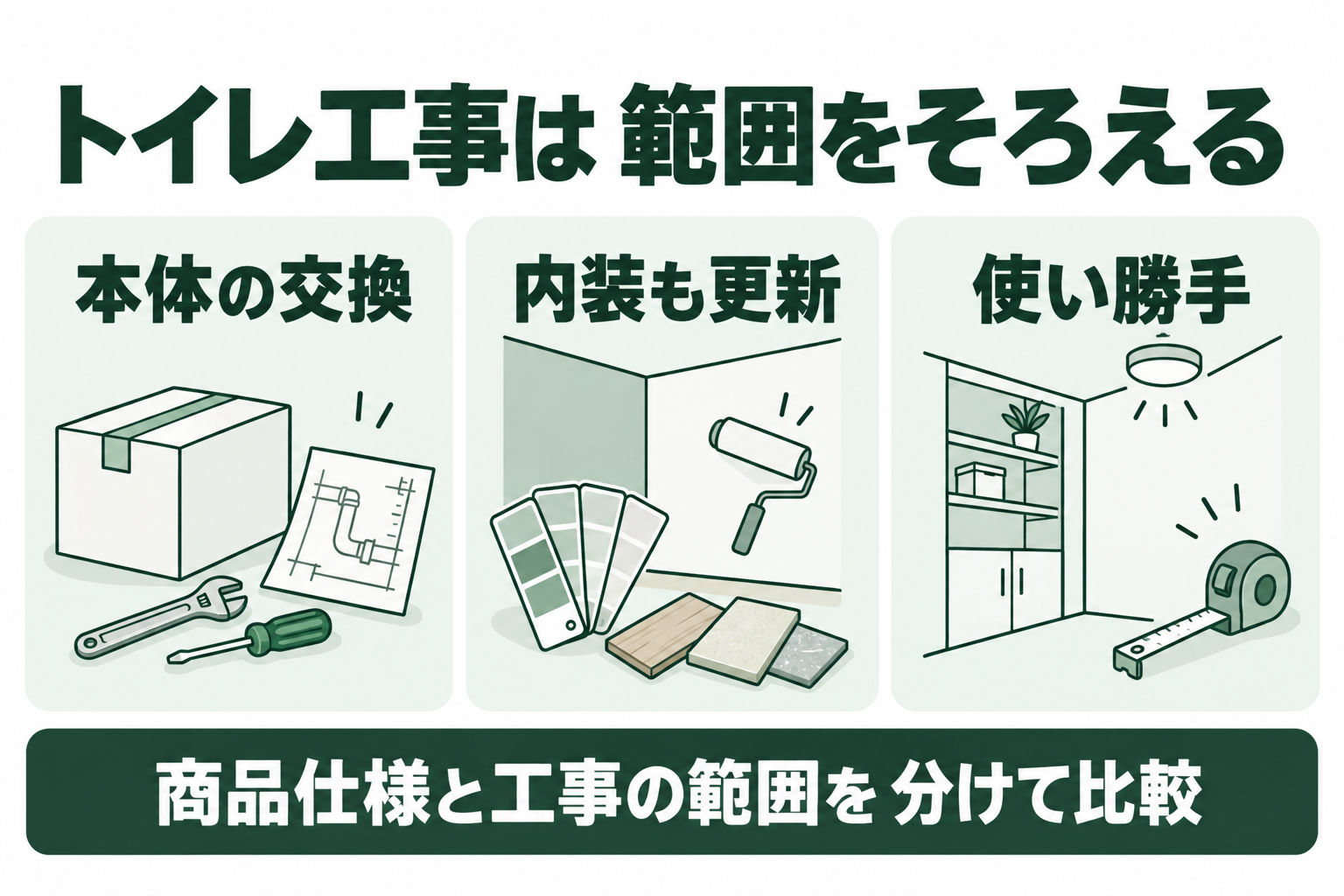 トイレ本体交換、内装更新、手洗いや収納などの使い勝手改善では、比較する工事範囲が異なる。