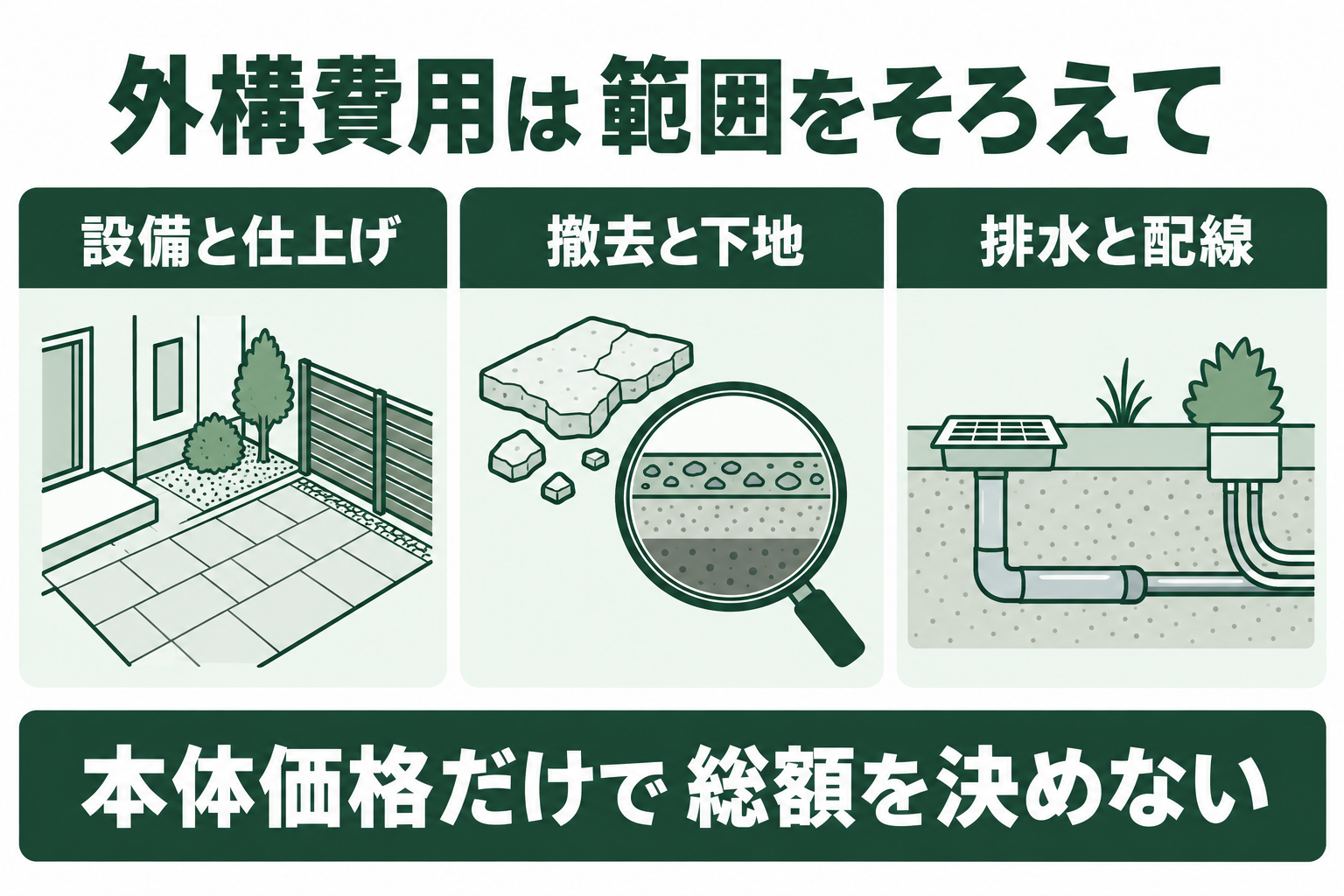 外構費用を、新しい設備と仕上げ、既存物の撤去や下地、排水や配管などの現場調整に分け、同じ範囲の税込総額で比較する図。