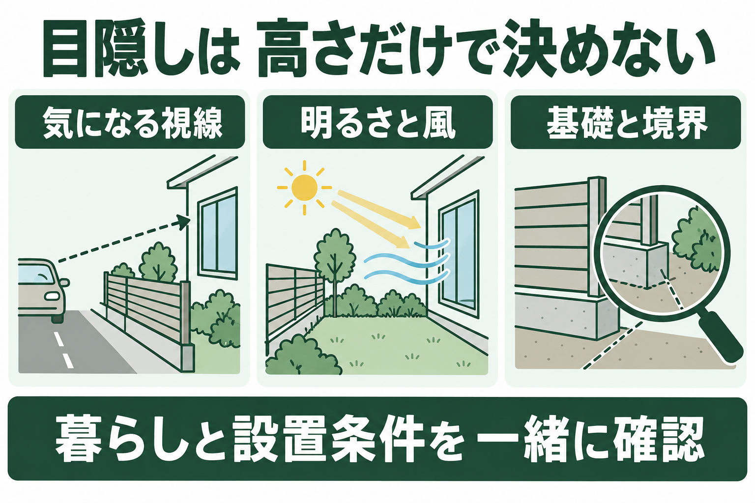 フェンス計画では、見られる方向と室内の位置、採光と風通し、塀と基礎と境界を別々に確認することを示す図。