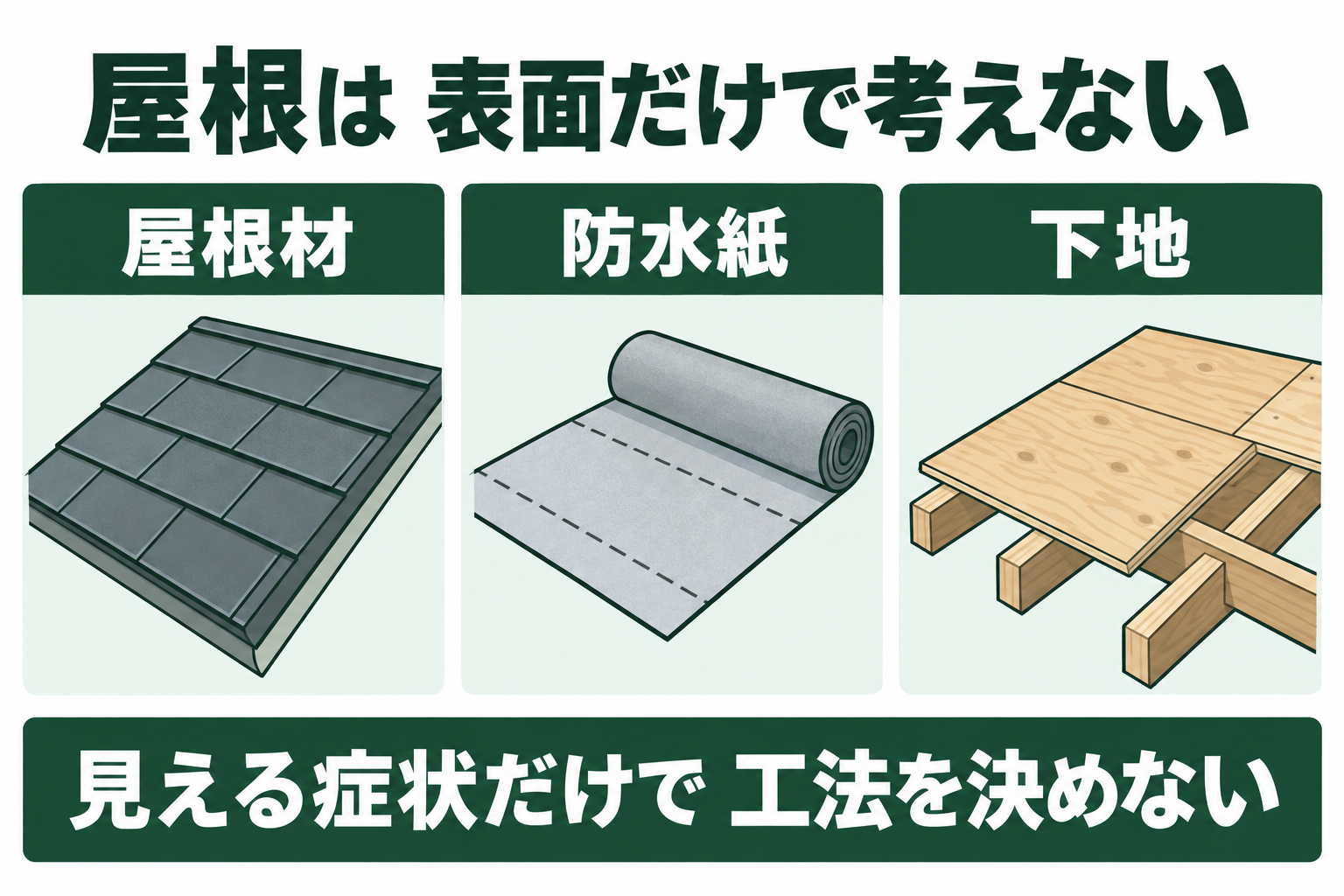 屋根を上から屋根材、防水紙、野地板などの下地に分け、表面の塗装と内部の補修を混同しないための図。