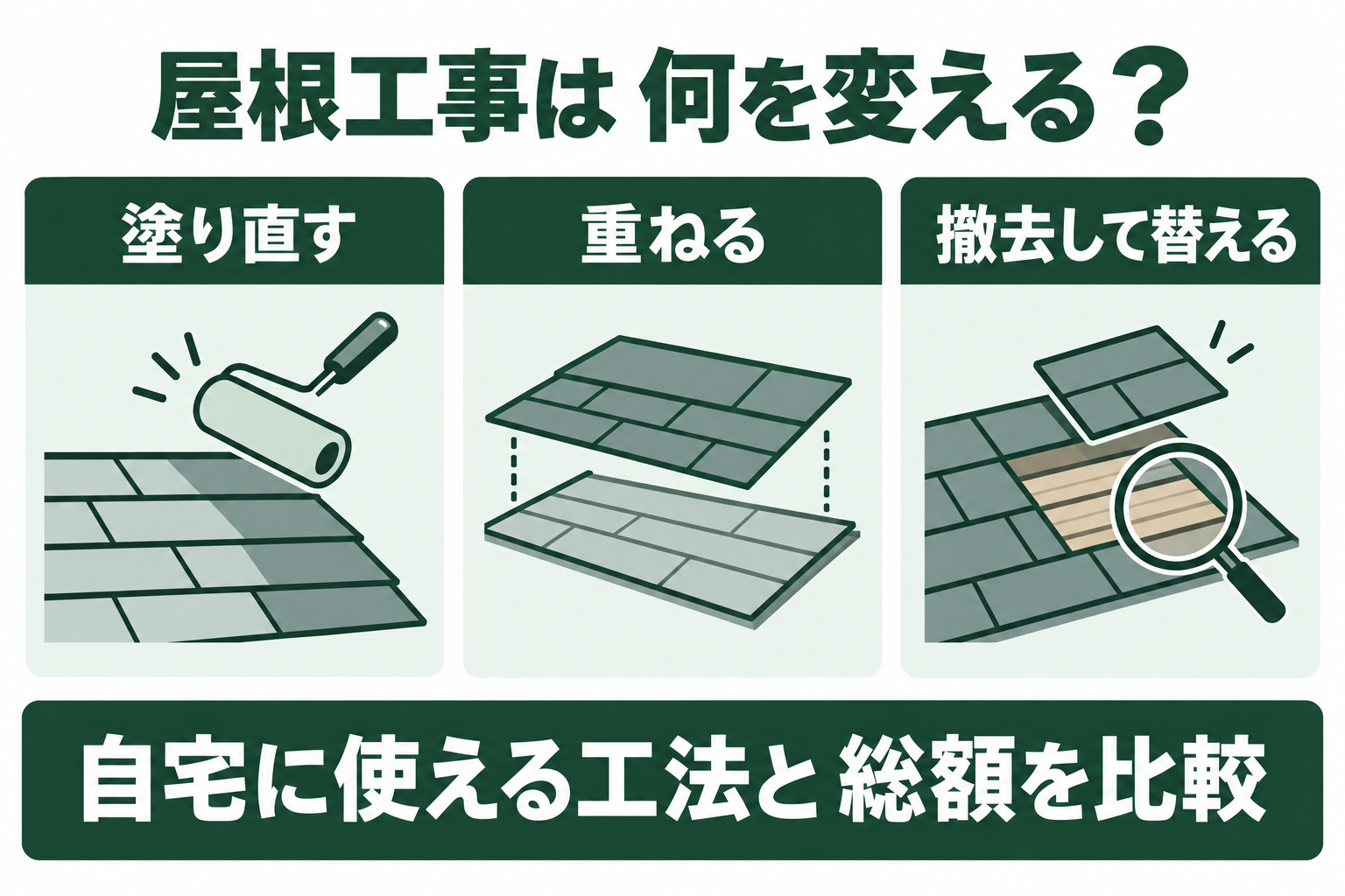 屋根塗装、カバー工法、葺き替えについて、既存材を塗る・残して重ねる・撤去するという工事範囲と確認条件を比較する図。