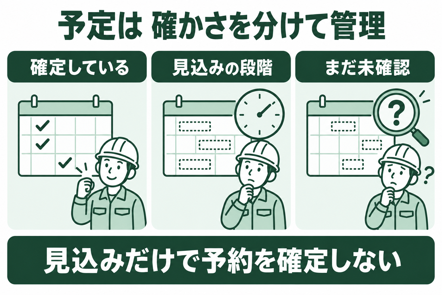 リフォームの日程を確定、見込み、未確認に分け、未確定な入荷日を転居の確定日と混同しないための図