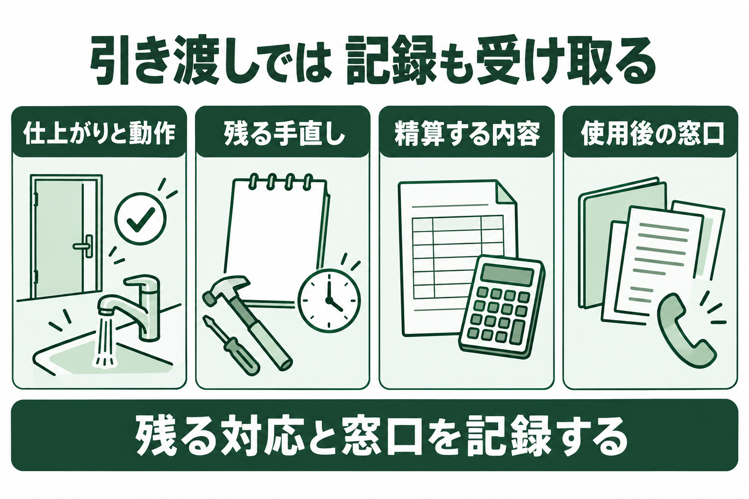 引渡し時に仕上がりと動作、手直し、精算、保証や連絡先を記録し、未対応作業を完了扱いにしないための図