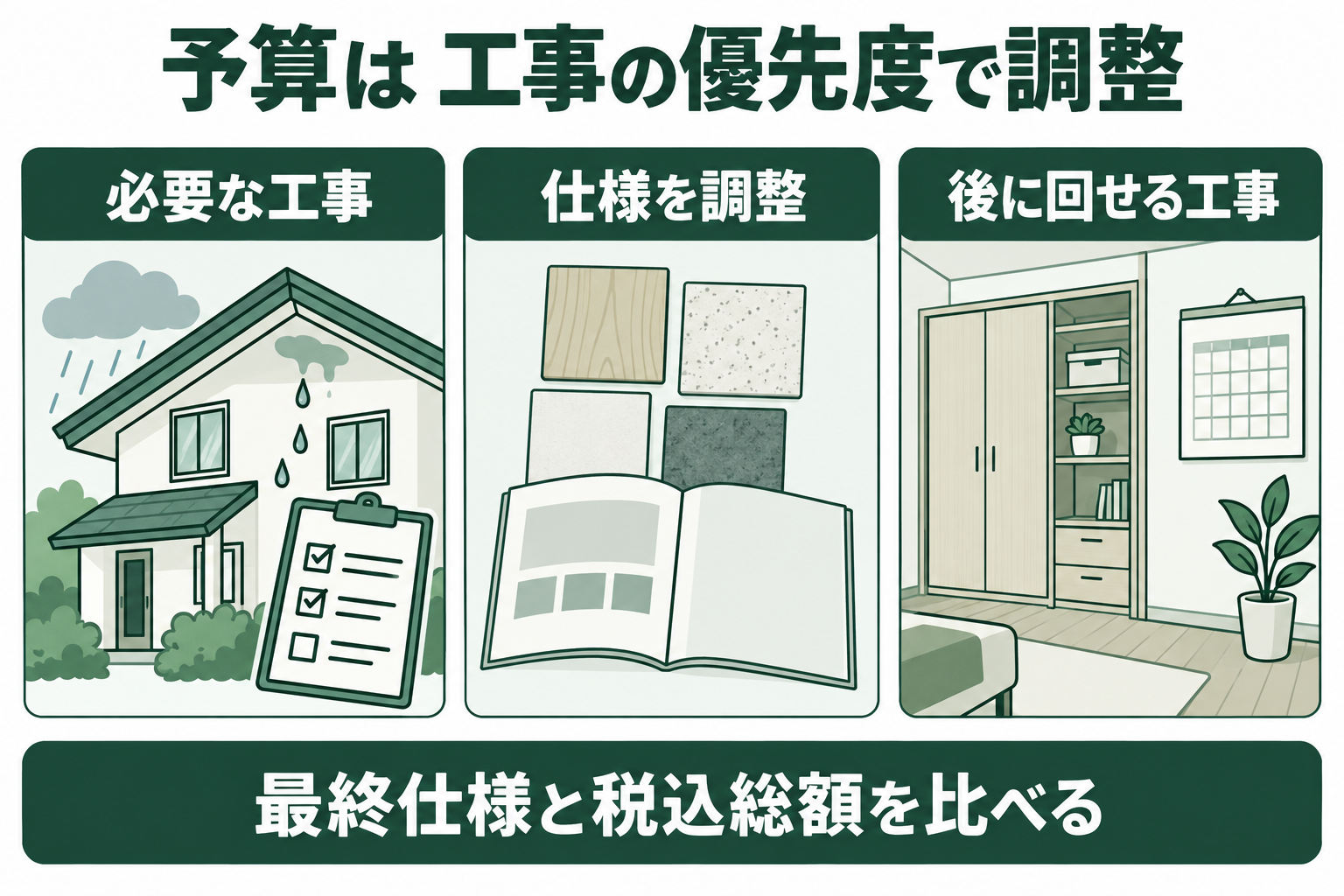 予算超過時は必須工事を守り、仕様を調整できる部分と後に回せる部分を分ける判断図