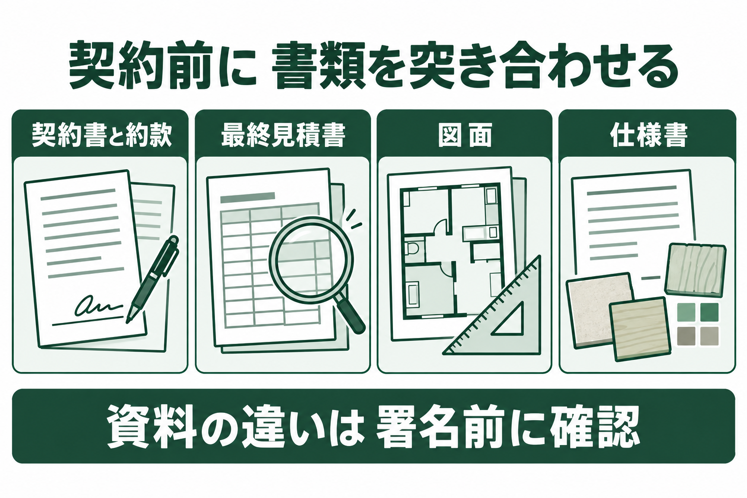 契約書、最終見積書、図面、仕様書の版をそろえ、金額・工事範囲・寸法・商品仕様の食い違いを確認する図