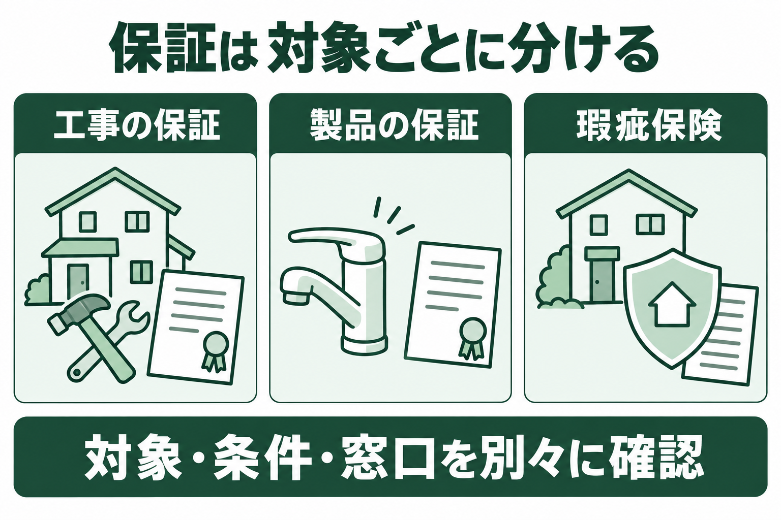 施工会社の工事保証、設備メーカー等の製品保証、リフォーム瑕疵保険は対象・条件・窓口が違うと示す図