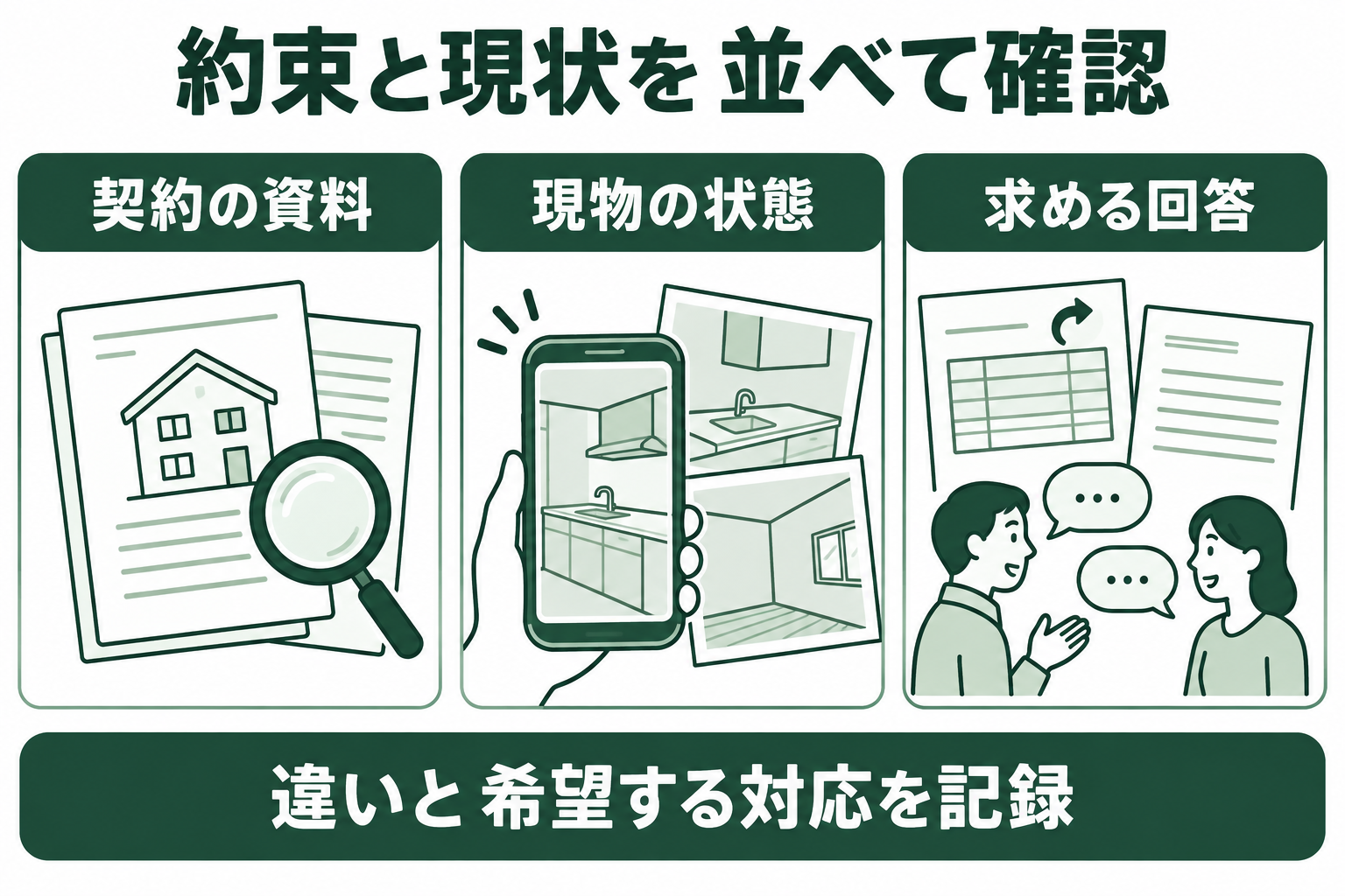 リフォームで頼んだ商品と違うと感じた場合に、契約資料の型番、現物の写真、変更合意と対応案を並べて照合する図