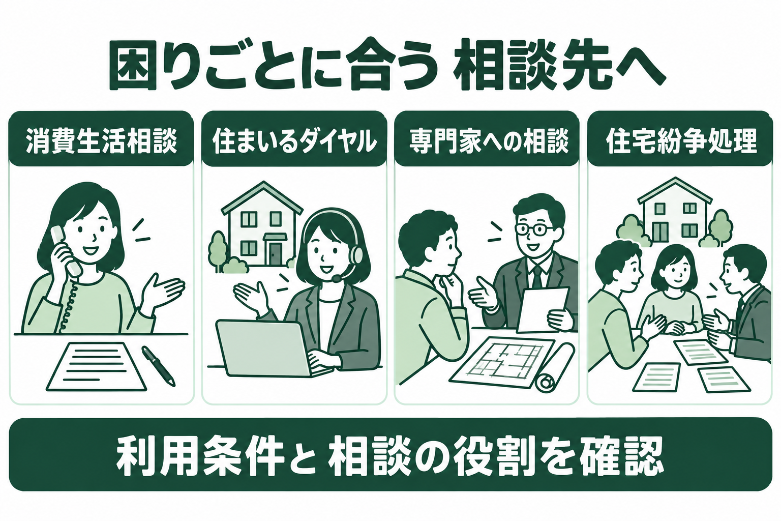 消費生活相談、住まいるダイヤル、専門家への相談、住宅紛争処理を並べ、各利用条件と役割を確認する概念図