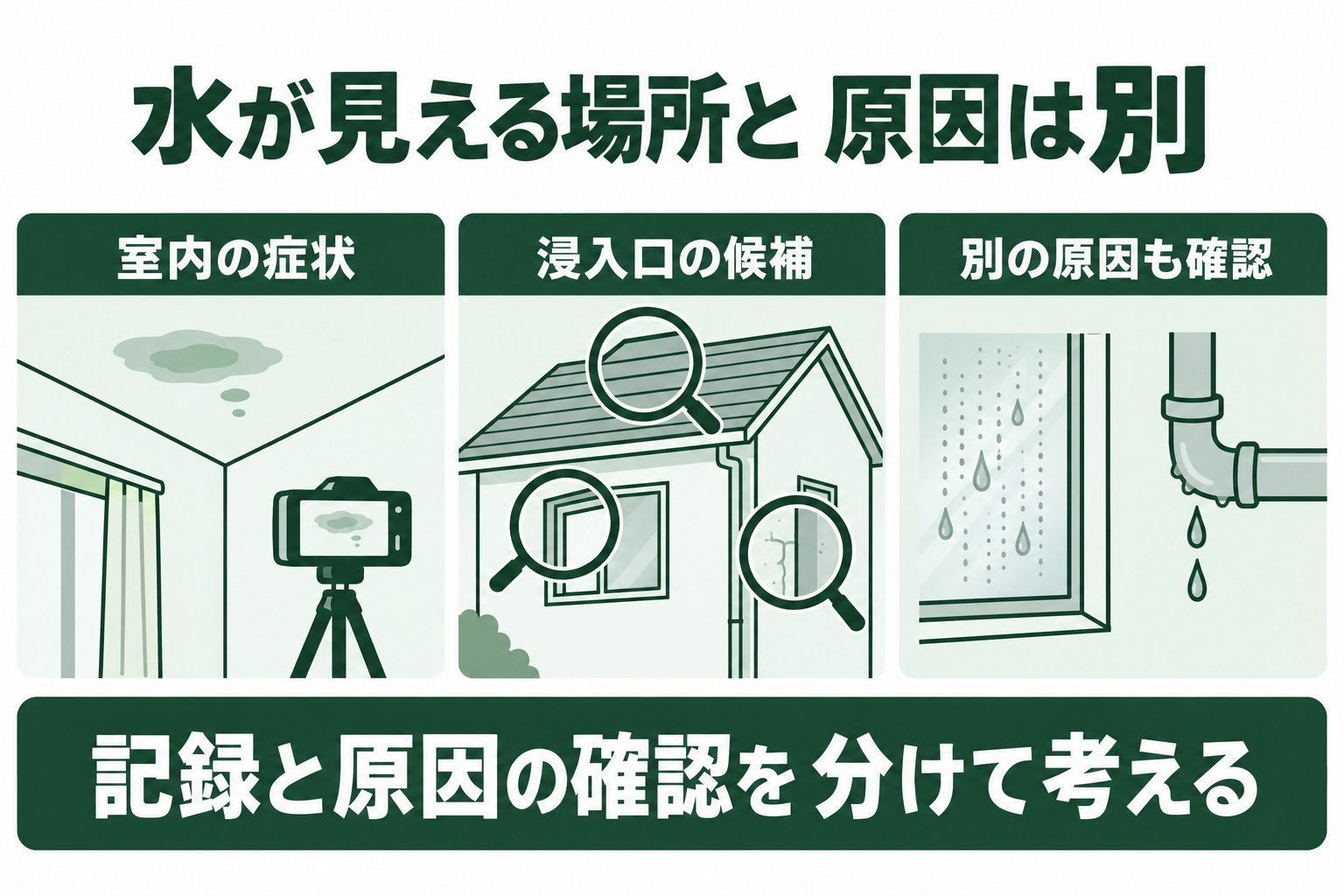 室内で見えた水や染み、調査する浸入口の候補、雨漏り以外の水の原因を区別する図。