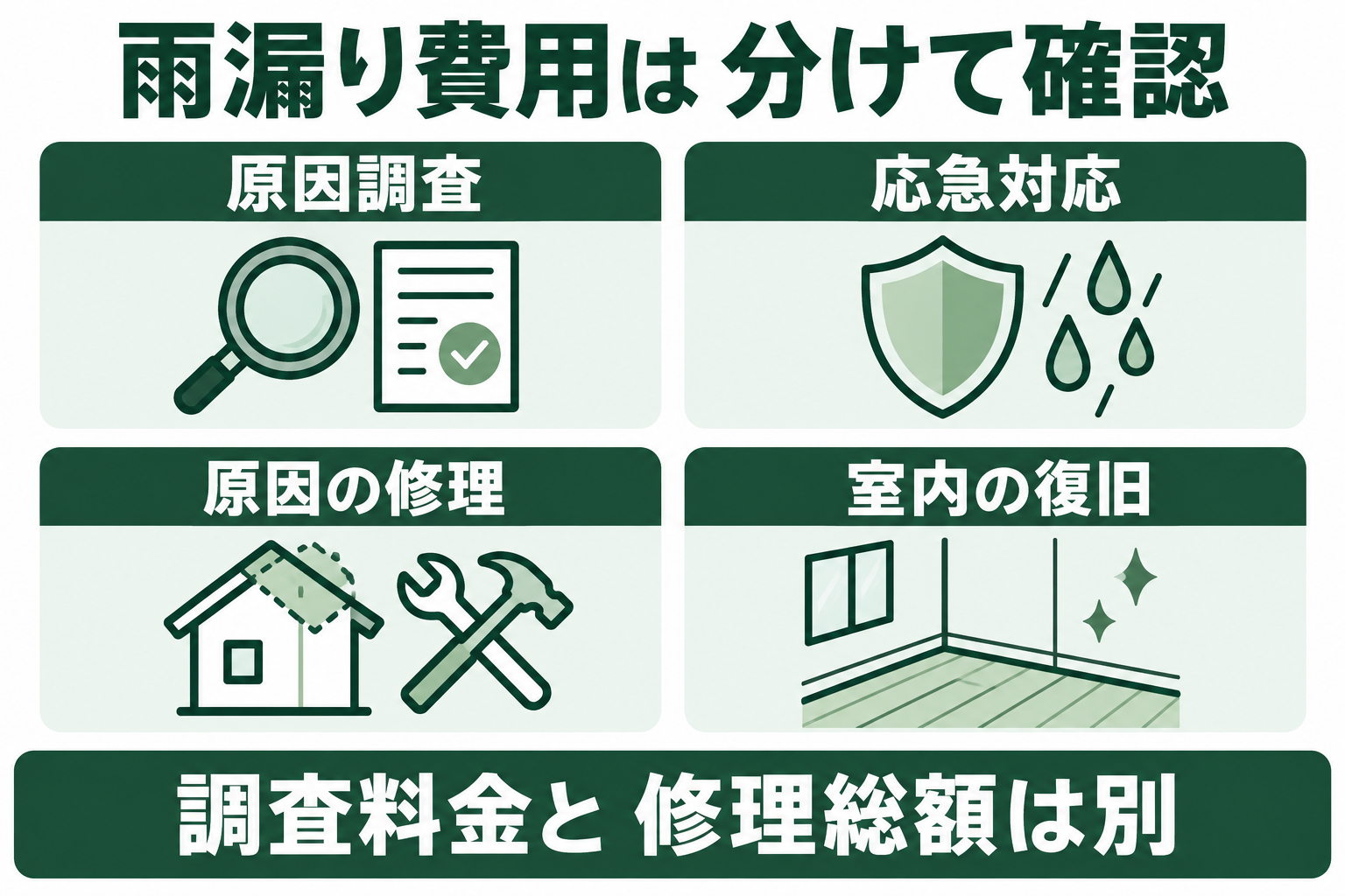 雨漏りの費用を原因調査、応急対応、原因修理、室内復旧の4区分に分け、それぞれの範囲を確認する図。