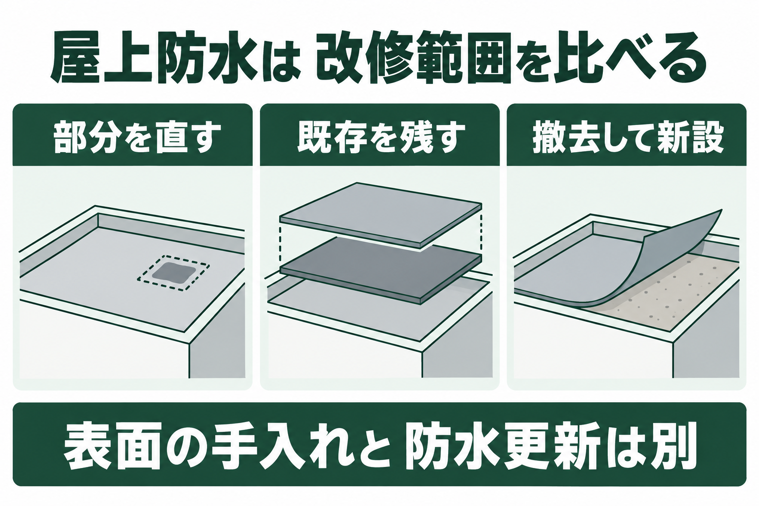 マンション屋上防水を、部分補修、既存を残す改修、撤去新設の3つに分け、各案で確認する条件を比較する図。
