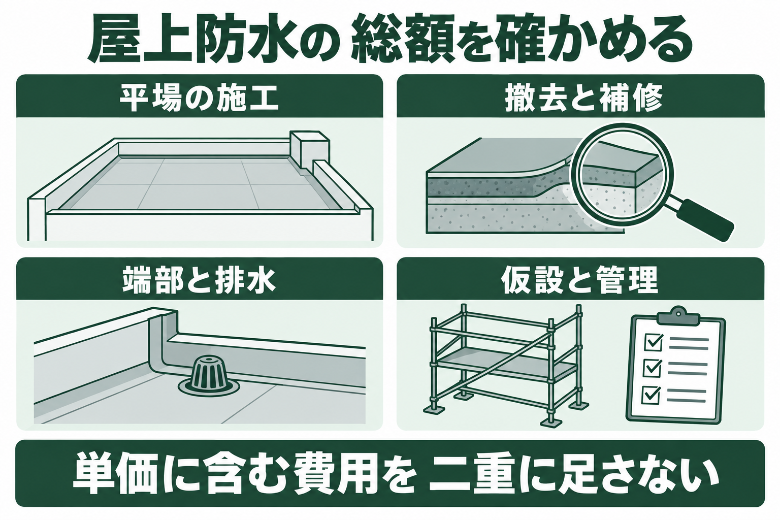 屋上防水の見積もりを平場、撤去と下地、端部と排水、仮設や管理に分け、面積単価だけで総額を決めないための図。