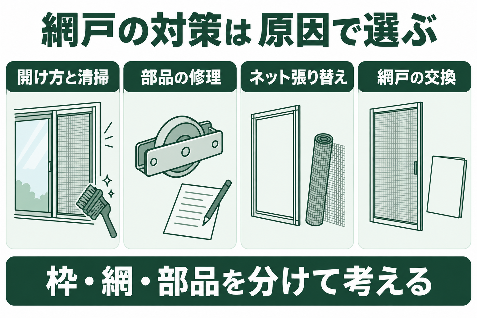 使い方やごみ、部品の傷み、網の破れ、枠の傷みを分けて、清掃、部品修理、張り替え、全体交換を検討する図