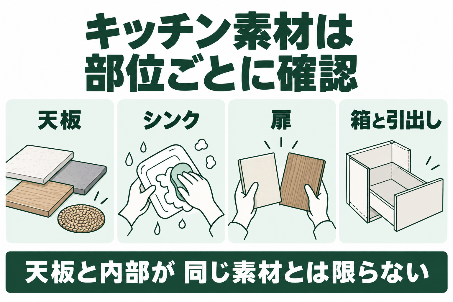 キッチン素材は 部位ごとに確認。天板。シンク。扉。箱と引出しを分けて確認する概念図。天板と内部が 同じ素材とは限らない。