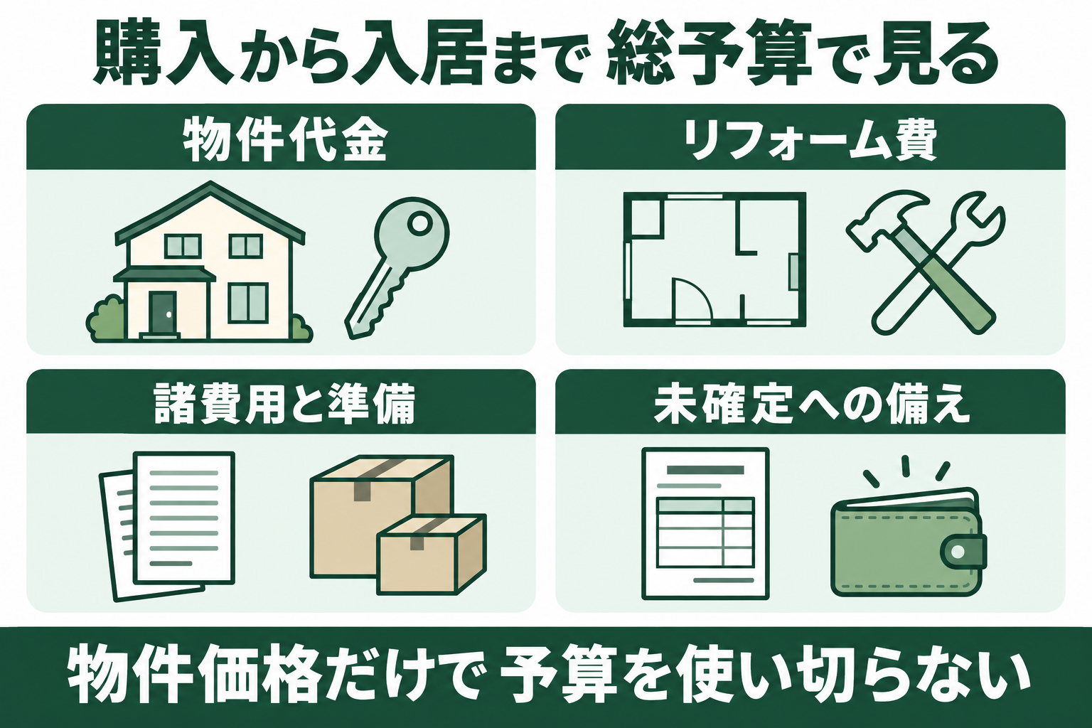 中古住宅購入とリフォームの総予算を、物件代金、改修工事、付随費用と入居準備、未確定工事への備えに分ける図。