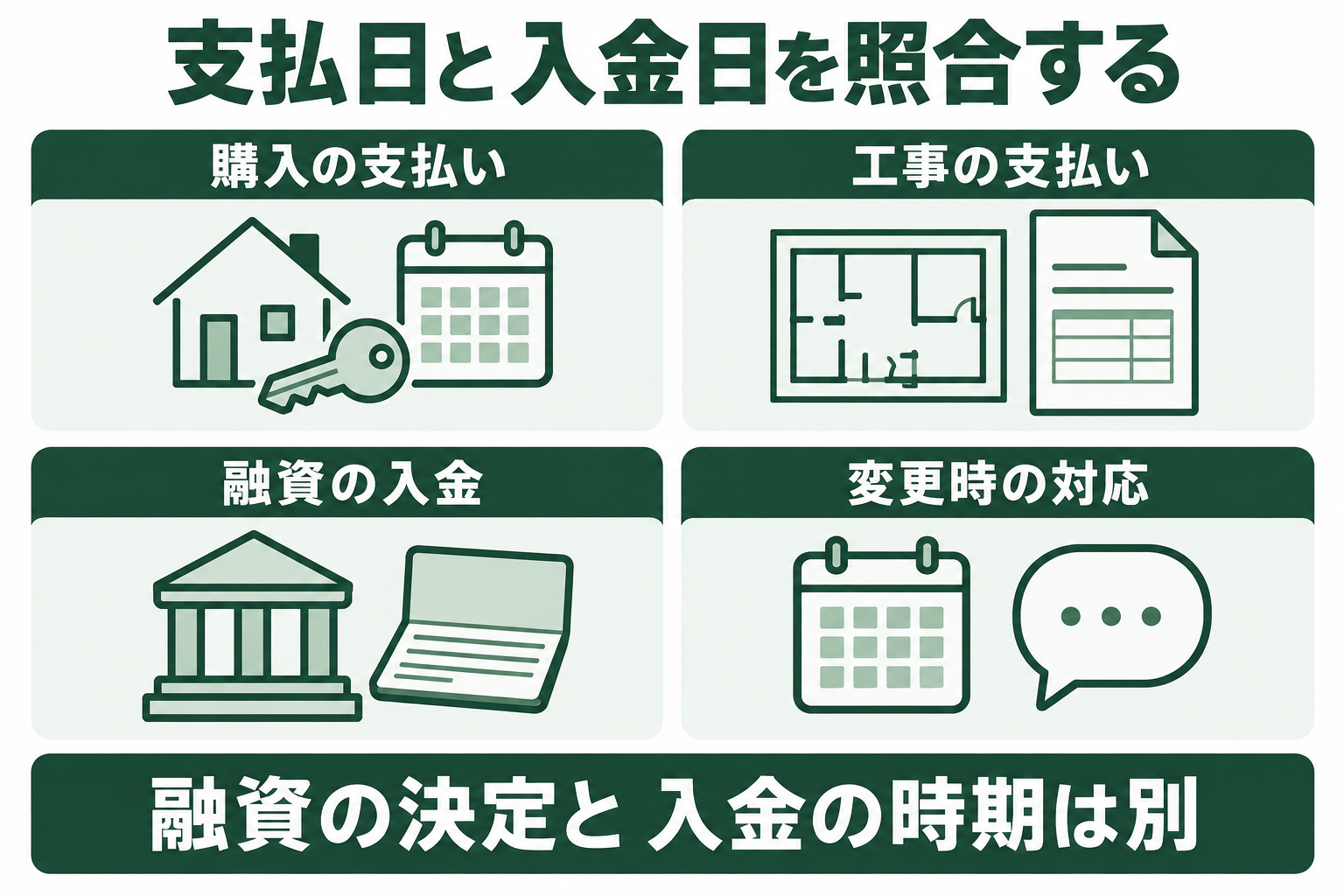 中古住宅購入と改修で必要になる決済日、工事の分割支払日、融資実行日、計画変更時の対応を照合する図。