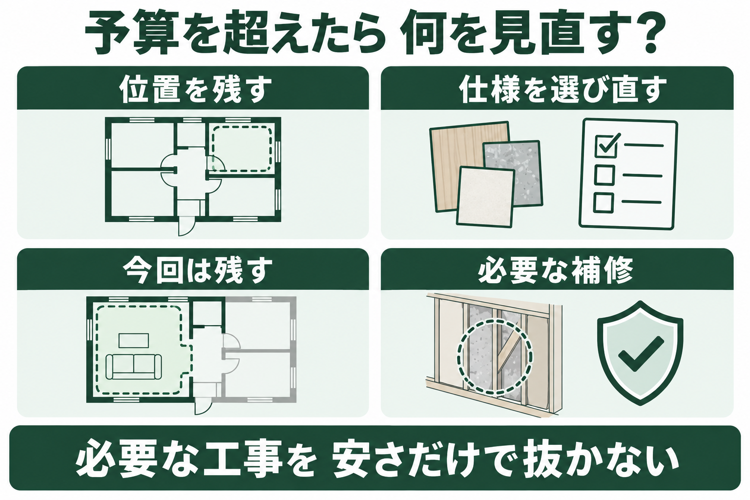 予算超過時に、設備位置、商品仕様、今回は残す範囲、必要な補修の4視点で調整し、安全や使い勝手を損なわないか確認する図。