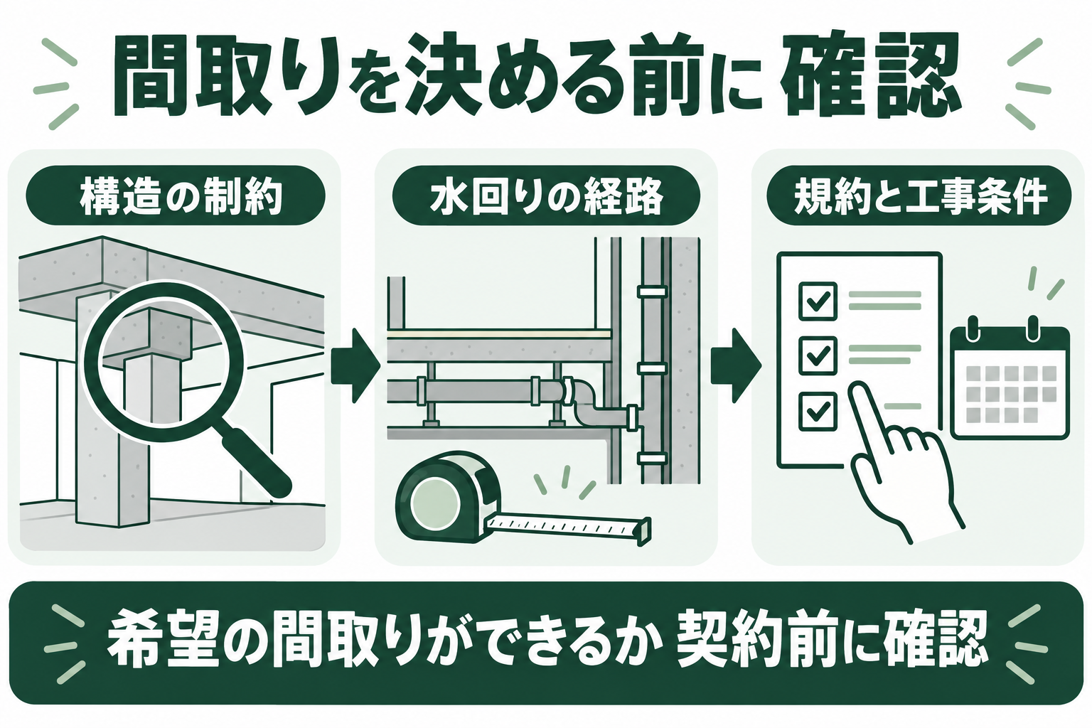マンションの間取りを決める前に構造の制約、水回りの経路、管理規約と工事条件を確認する流れの概念図。