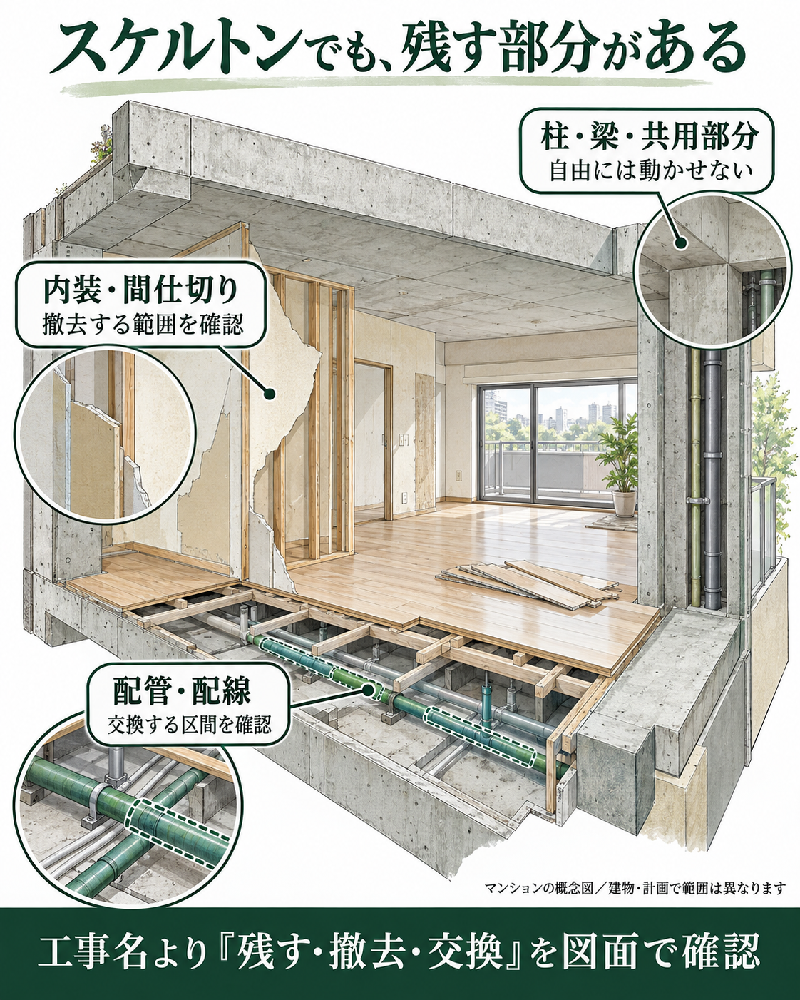 マンションの内装・間仕切り、床下の配管・配線、柱・梁・共用部分の位置関係を描いた断面概念図。