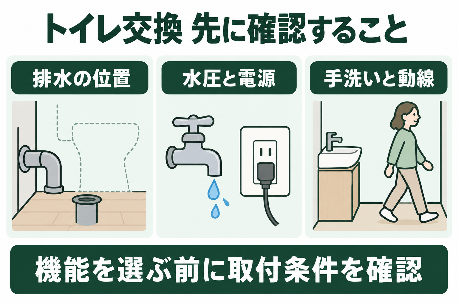 トイレ交換では排水の位置、水圧と電源、手洗いと動線を先に確認する図解