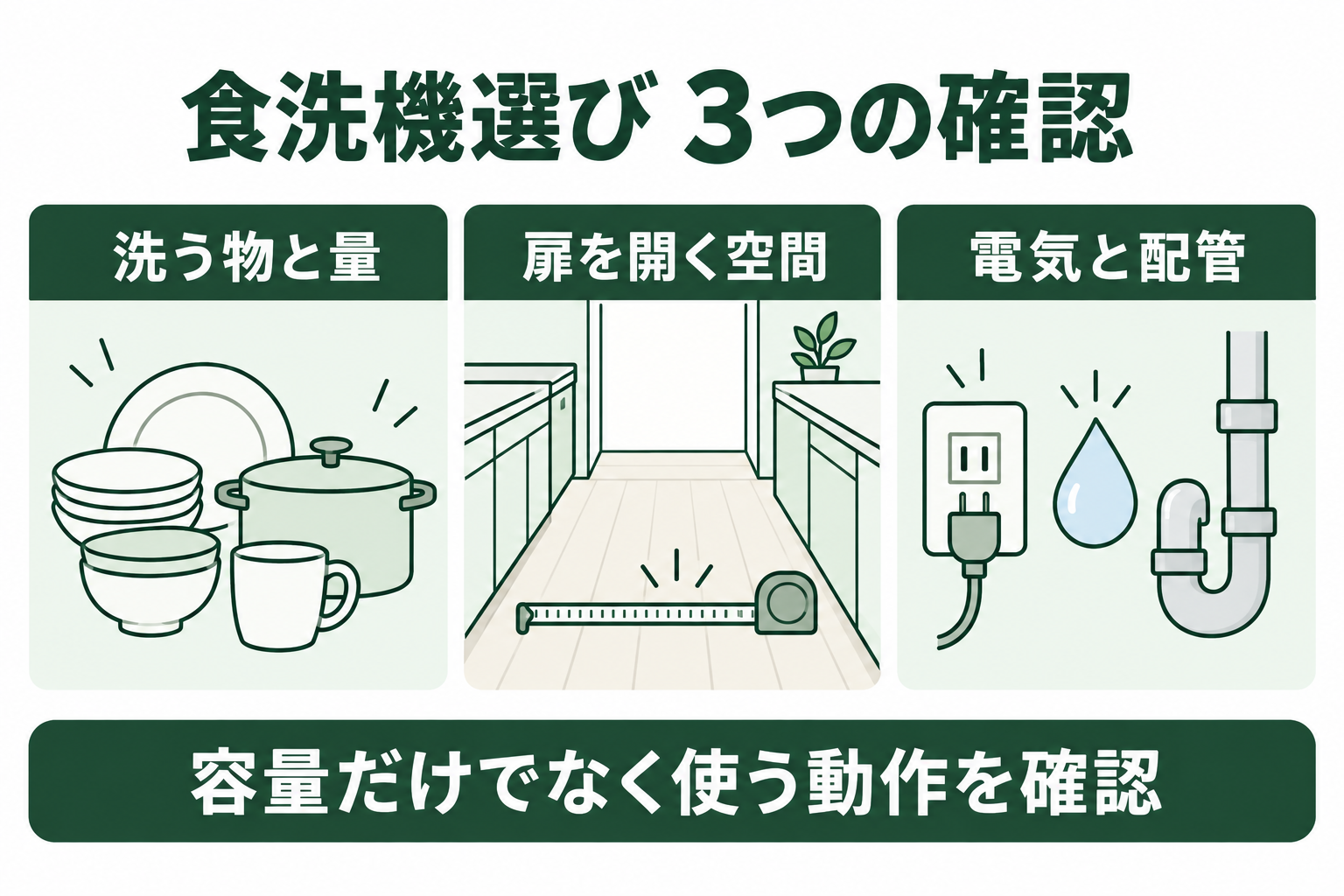 食洗機選びは洗う物と量、扉を開く空間、電気と配管を確認する図解