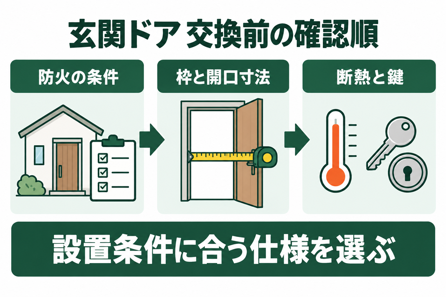 玄関ドアは防火の条件、枠と開口寸法、断熱と鍵の順に確認する図解