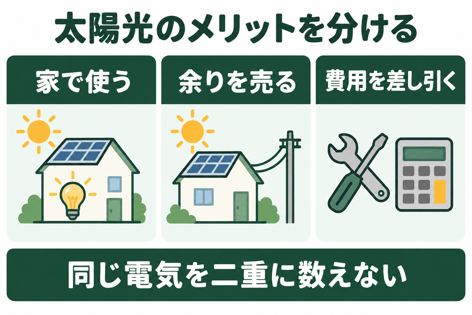 太陽光の経済性を家で使う電気、余りを売る電気、差し引く費用に分ける図