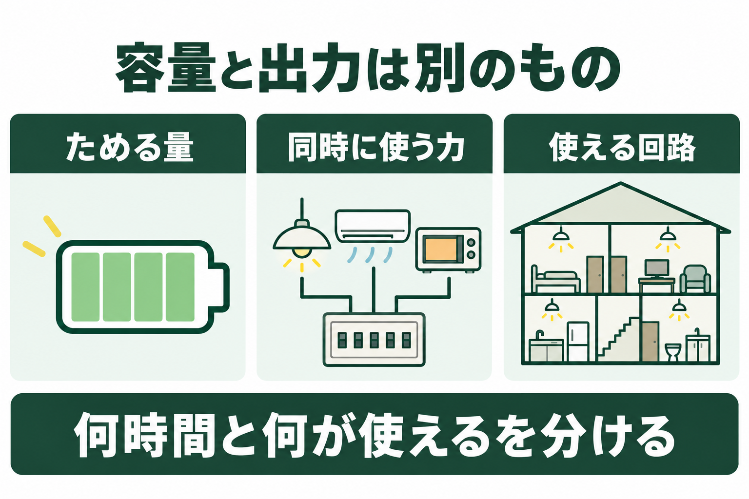 ためる容量、同時に使える出力、給電する回路を分けて考える図