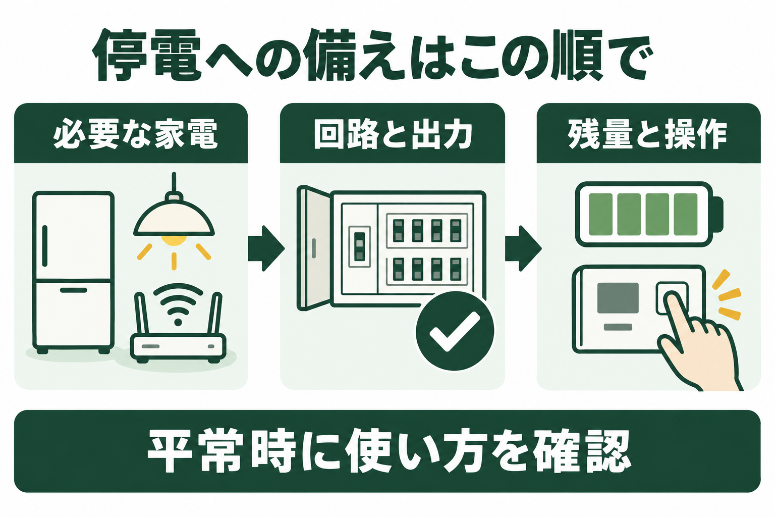 必要な家電、給電回路と出力、残量と操作の順に備えを確認する図