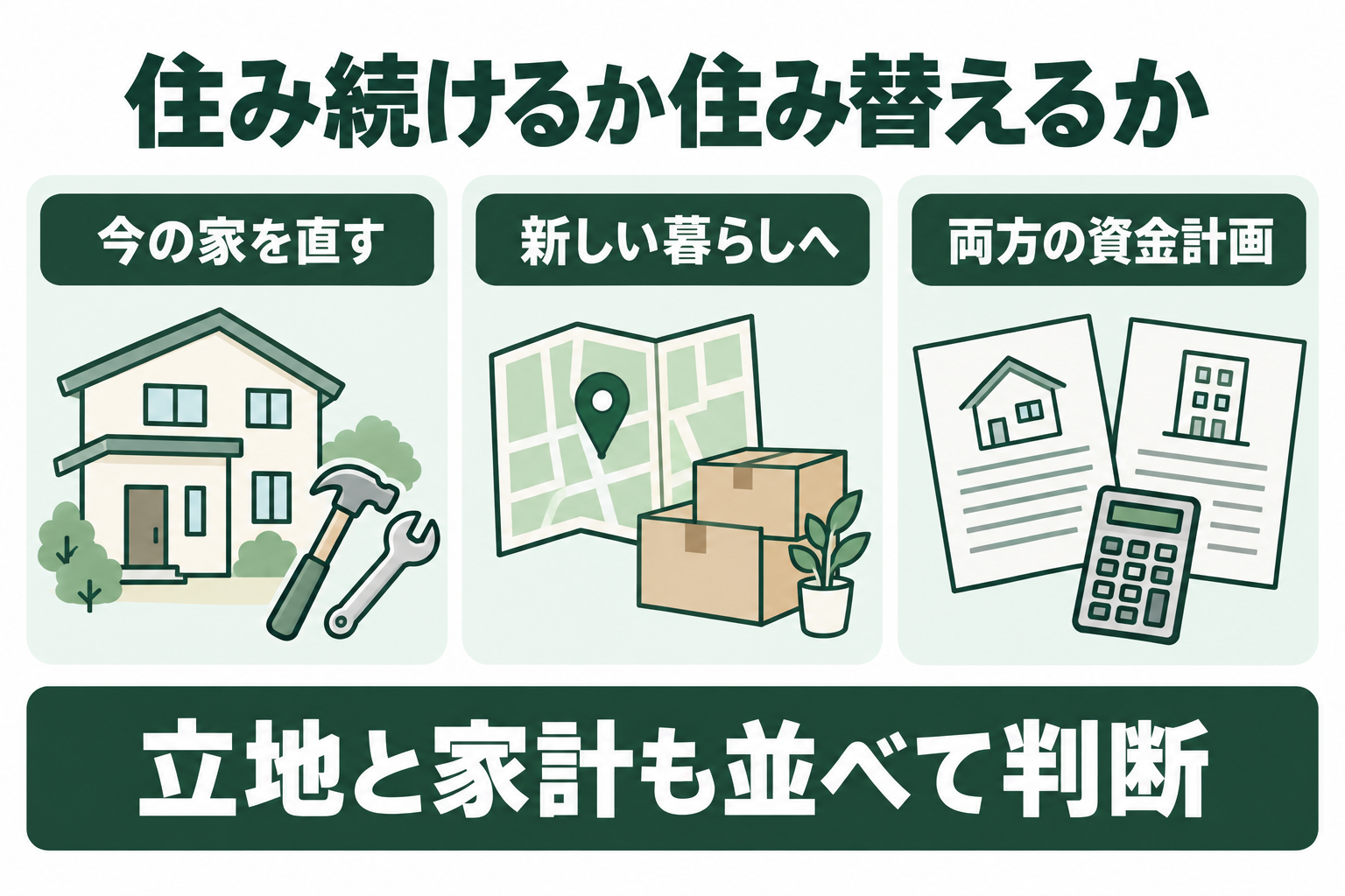 今の家を直す案と新しい暮らしへ移る案を、立地と資金計画で比較する図