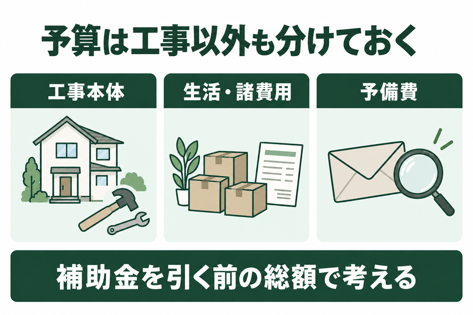 工事本体、生活・諸費用、予備費を分けて考える図
