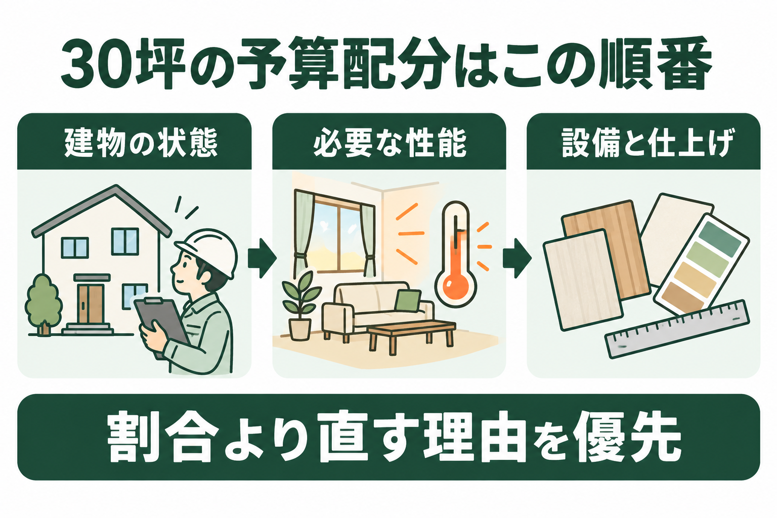 建物の状態、必要な性能、設備と仕上げの順に予算を考える図