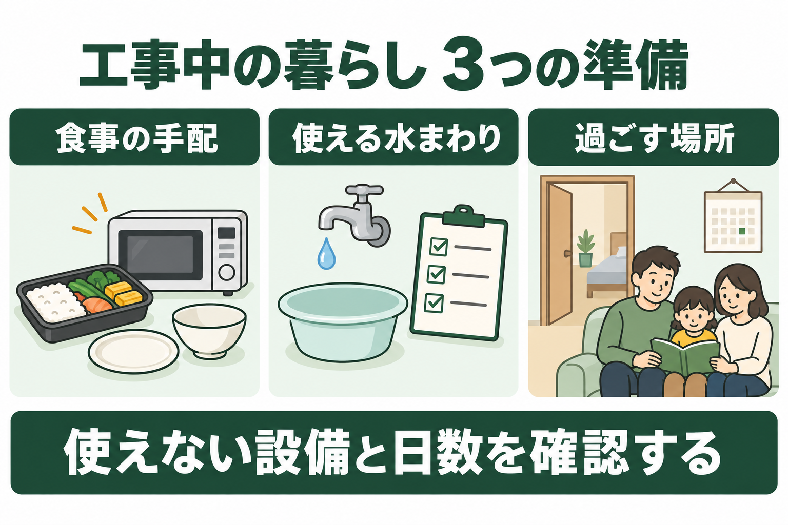 キッチン工事中は食事の手配、使える水まわり、過ごす場所を準備する図解