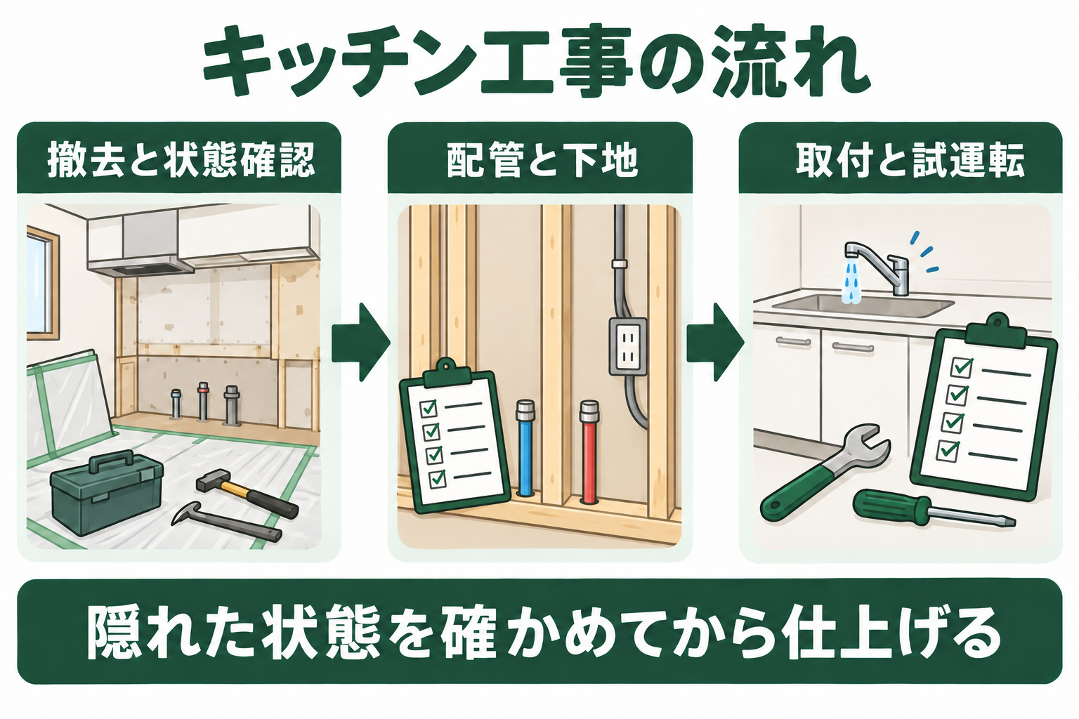 キッチン工事を撤去と状態確認、配管と下地、取付と試運転の順に示した図解