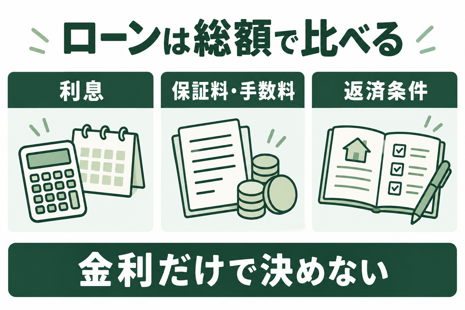 利息、保証料・手数料、返済条件を並べて比較する図
