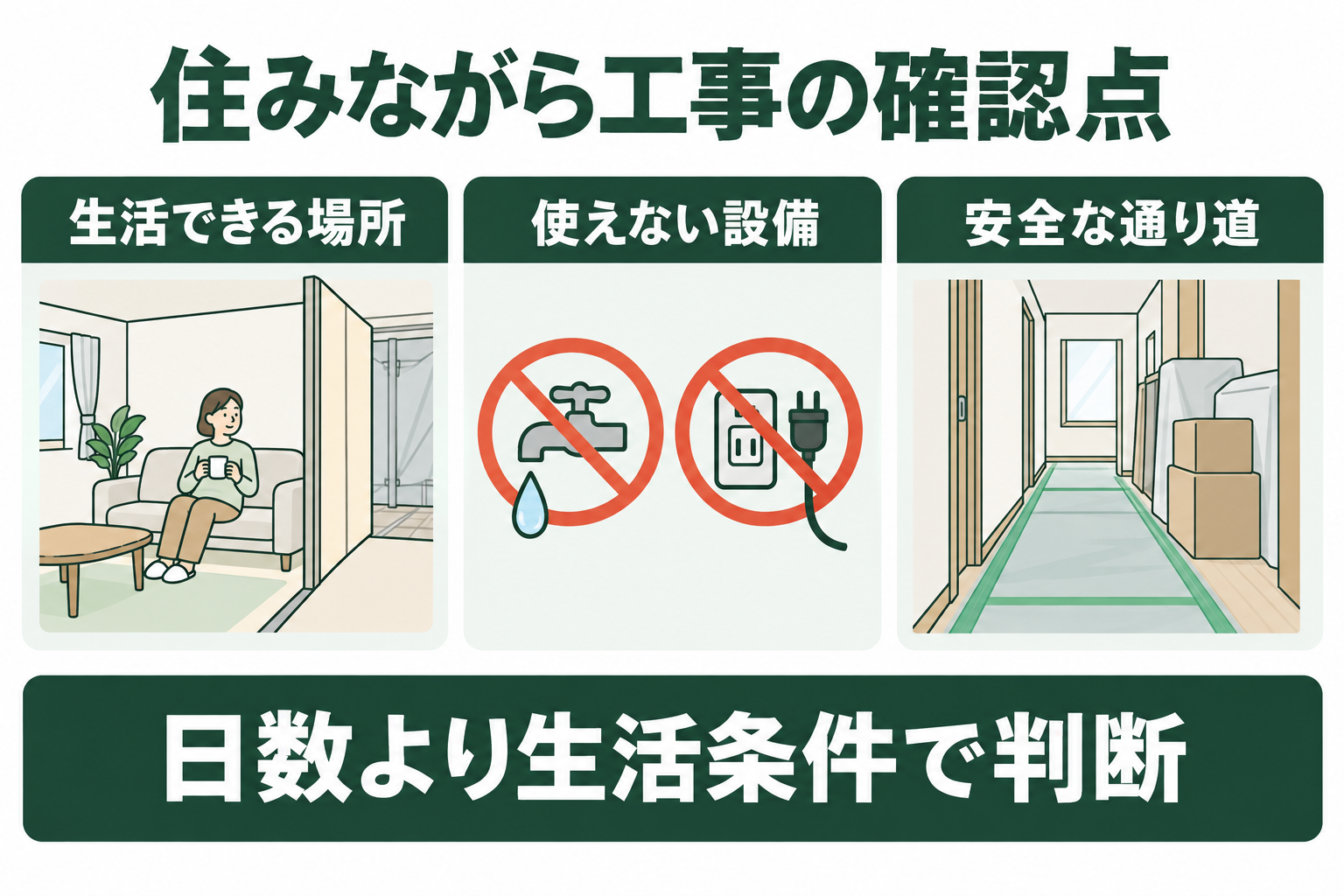 生活できる場所、使えない設備、安全な通り道を確認する図