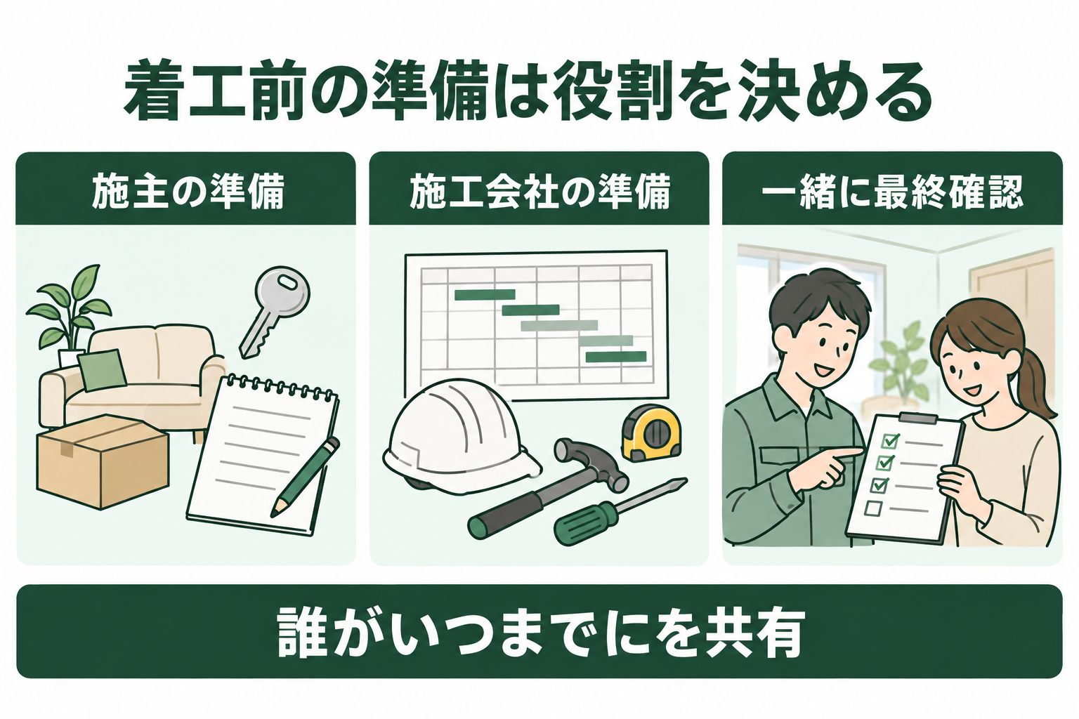 施主の準備、施工会社の準備、一緒に最終確認する項目を分ける図