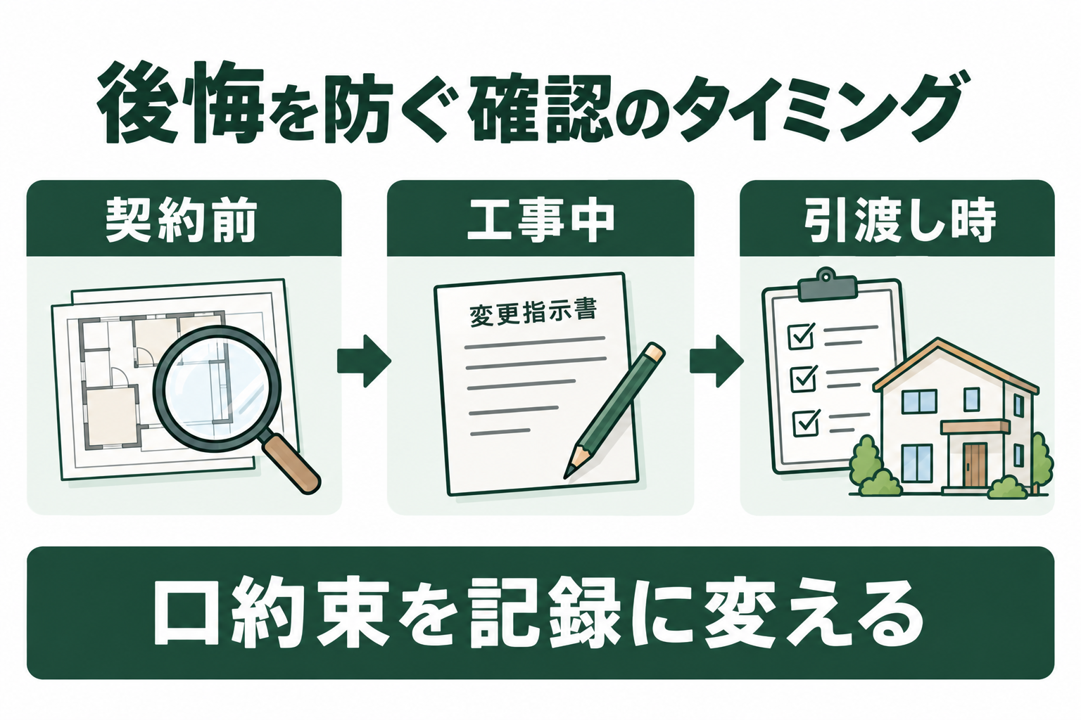 契約前、工事中、引渡し時に記録を残して確認する図