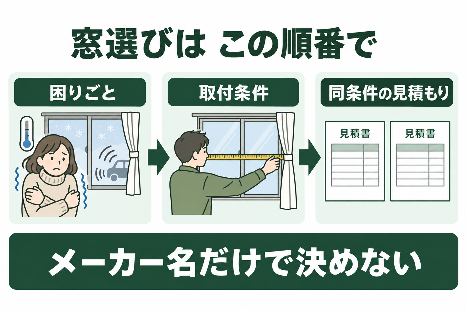 窓の困りごと、取付条件、同条件の見積もりの順番で比較する図解
