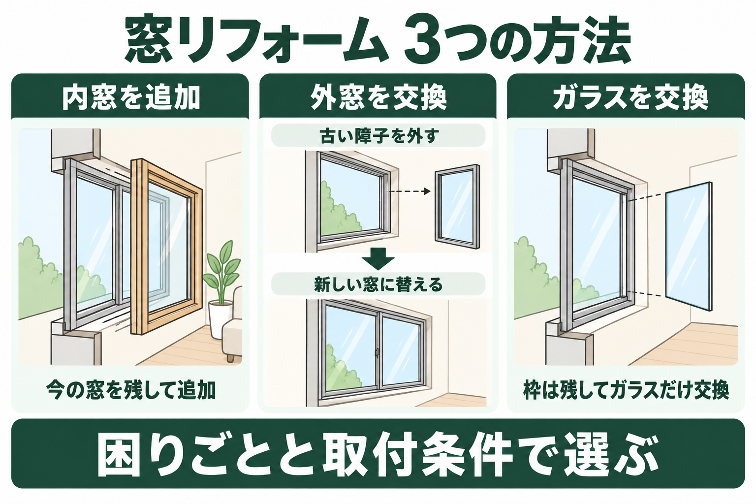 内窓の追加、外窓の交換、ガラスの交換の3つの工法を並べた概念図