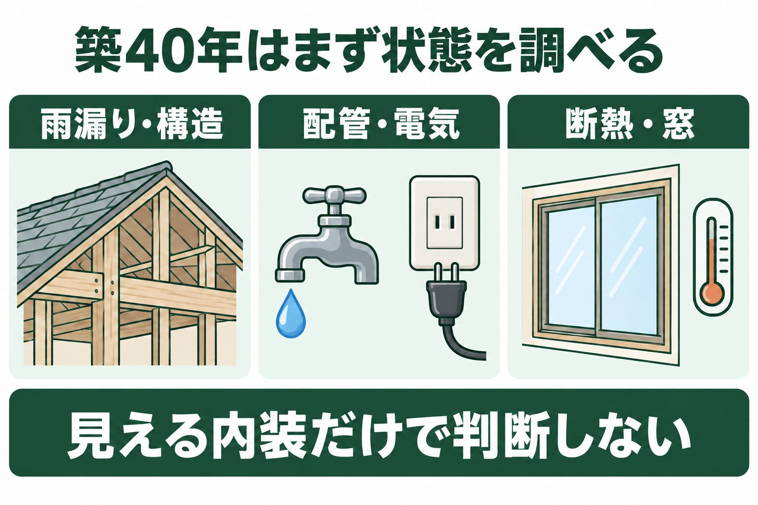 築40年の家で雨漏り・構造、配管・電気、断熱・窓を調べる図